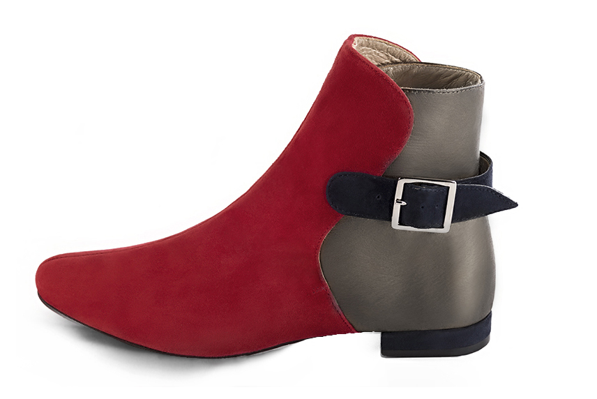 Cardinal red, taupe brown and navy blue women's ankle boots with buckles at the back. Round toe. Flat block heels. Profile view - Florence KOOIJMAN